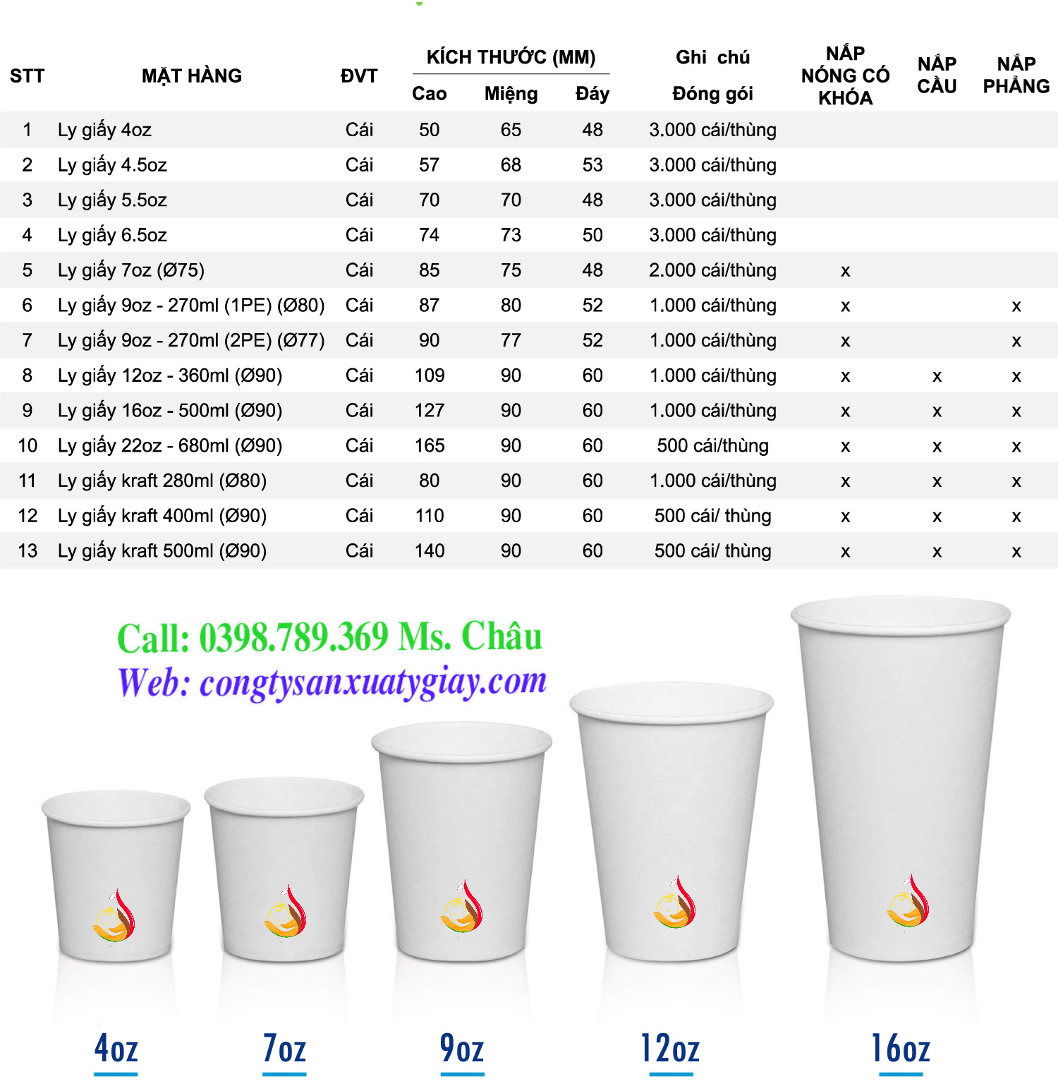 Kích thước ly giấy hiện nay